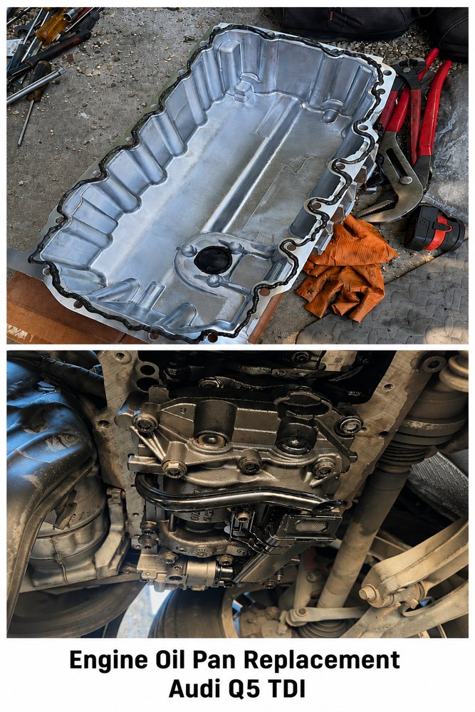 Audi Q5 TDI engine oil pan replacement done right. Mobile, reliable, and professional service. - services car audi, engine repair