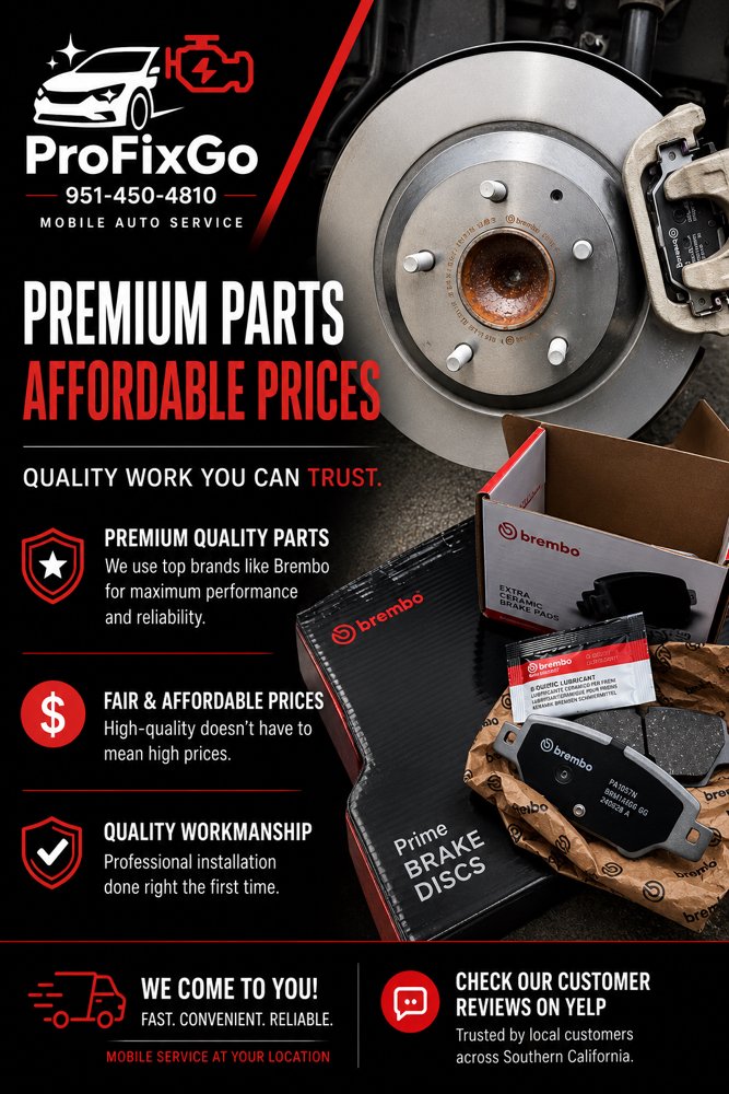 Premium Brembo brake parts installed with professional mobile service right at your location.