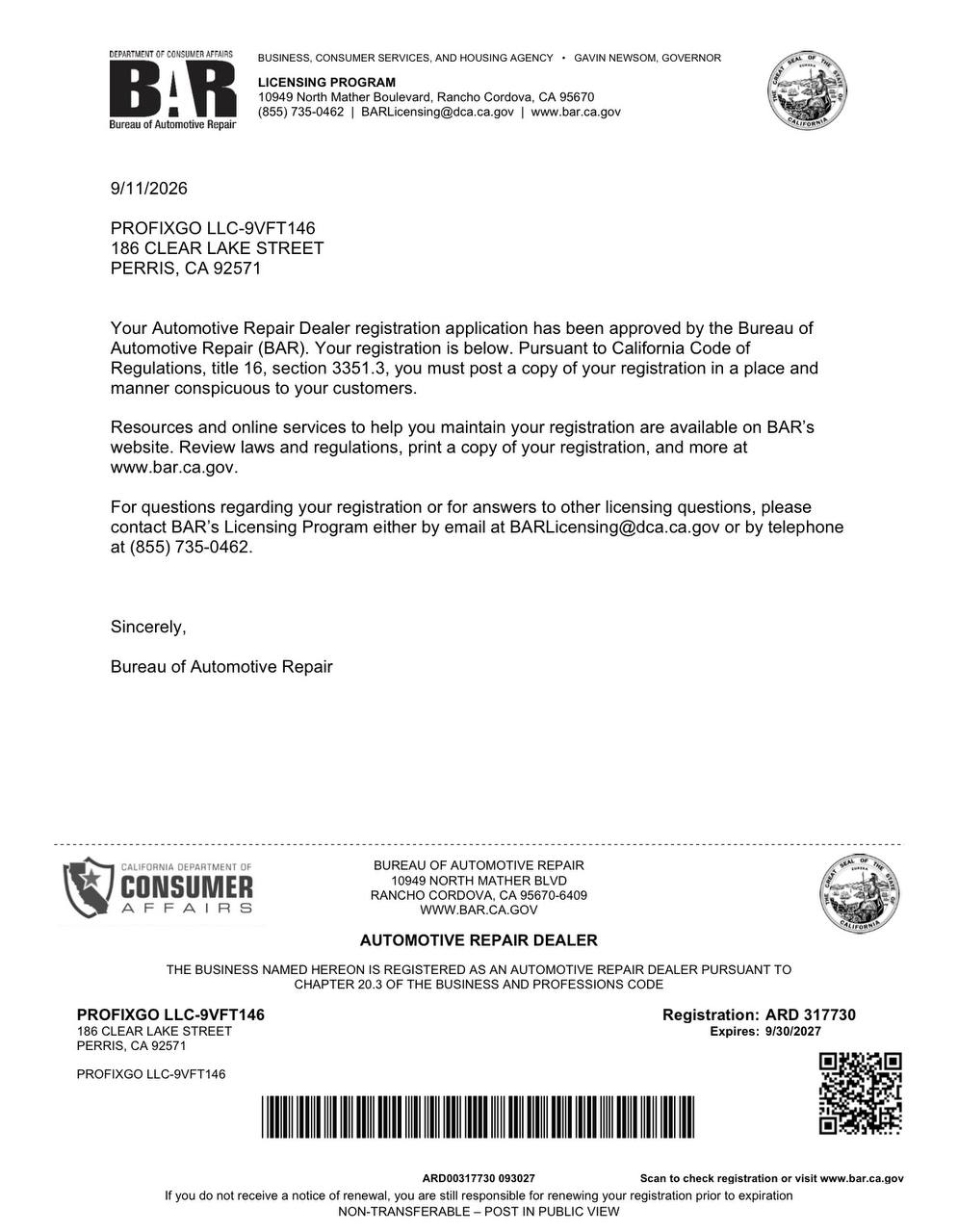 ProFixGo Automotive Repair Dealer registration ARD 317730 issued by the California Bureau of Automotive Repair