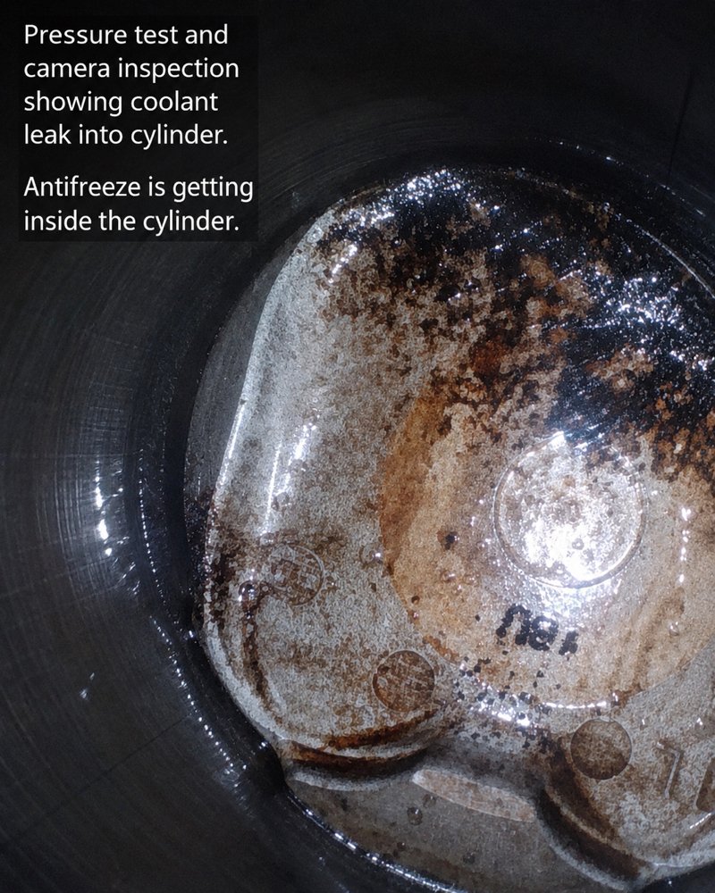 Pressure test and camera inspection showing a coolant leak into the cylinder.