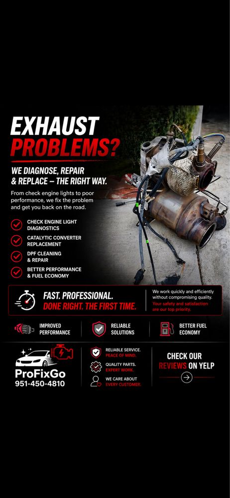 Exhaust diagnostics and repair -- catalytic converter replacement and DPF cleaning.